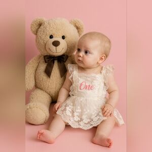 One Year Vintage Ivory Lace Baby Dress With A Bodysuit